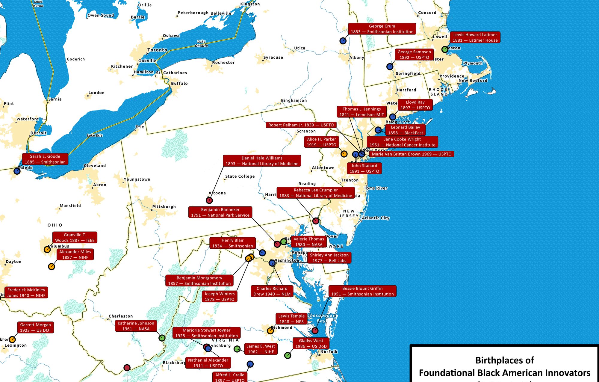 Birthplaces of Foundational Black American Innovators, Eastern United States