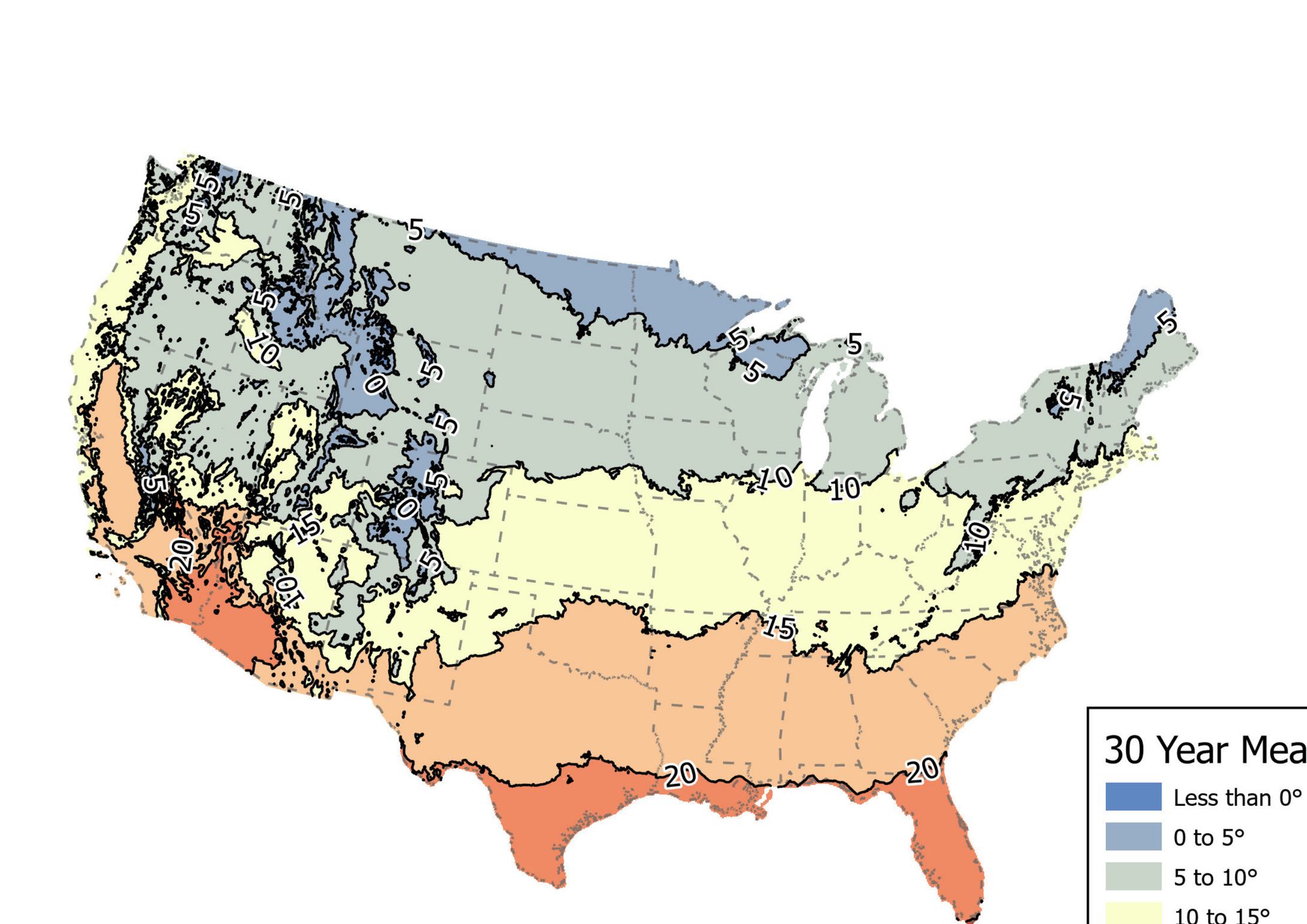 Lower 48 Temperature Isotherms (1991–2020), Contiguous United States